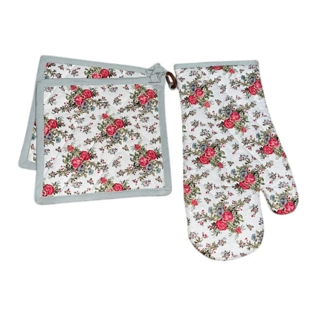 Gold Coast Floral Oven Mitt Pot Holder Set Quilted Rose Print Multicolor OS